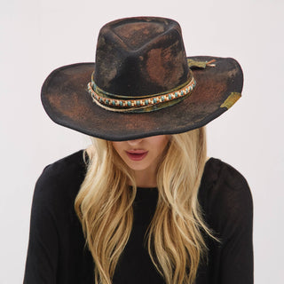Distressed Fabric Band Rustic Cowgirl Fedora Hat
