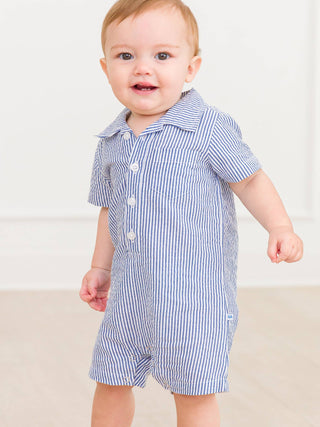 Baby Boys Classic Blue Seersucker Button-Up Romper