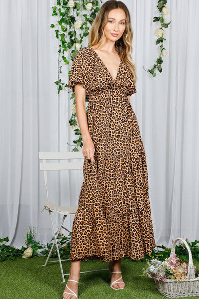 V-Neck Back Animal Printed Tiered Maxi Dress