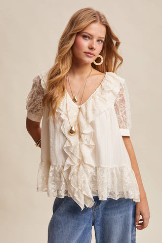 The Lace Trim Ruffle Peplum Blouse