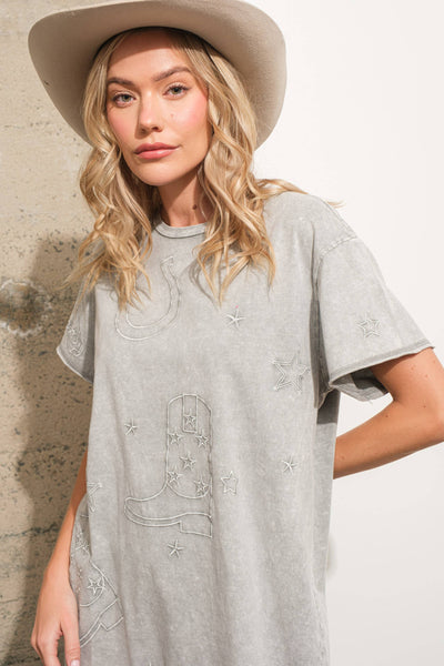 Garment Washed Crew Neck Embroidered T Shirt Dress