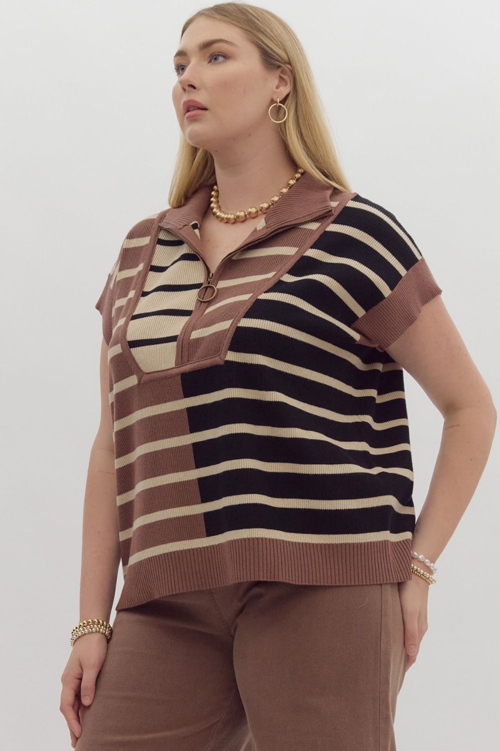 Tally Stripe Ribbed Color Block Sweater- Curvy