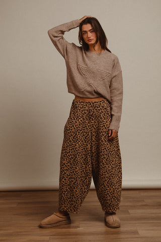 Lorraine Washed Leopard Denim Mid RIse Barrel Pants