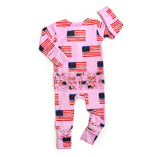 Gigi and Max - Betty Pink Flag Ruffle Zip Bamboo4th of July Sleepies Little