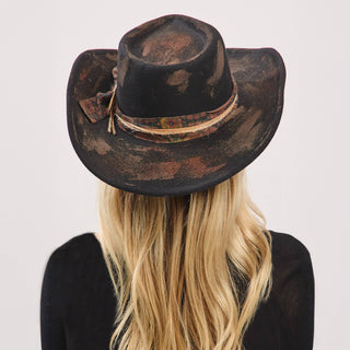 Distressed Fabric Band Feather Cowgirl Fedora Hat