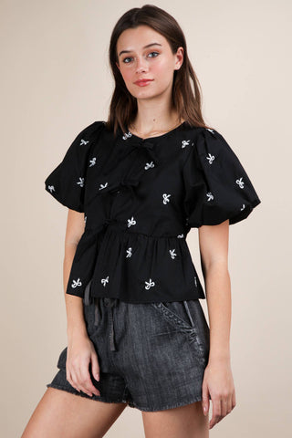 The Bella Front Tie Bow Embroidered Blouse Top