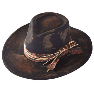 Distressed Fabric Band Feather Cowgirl Fedora Hat