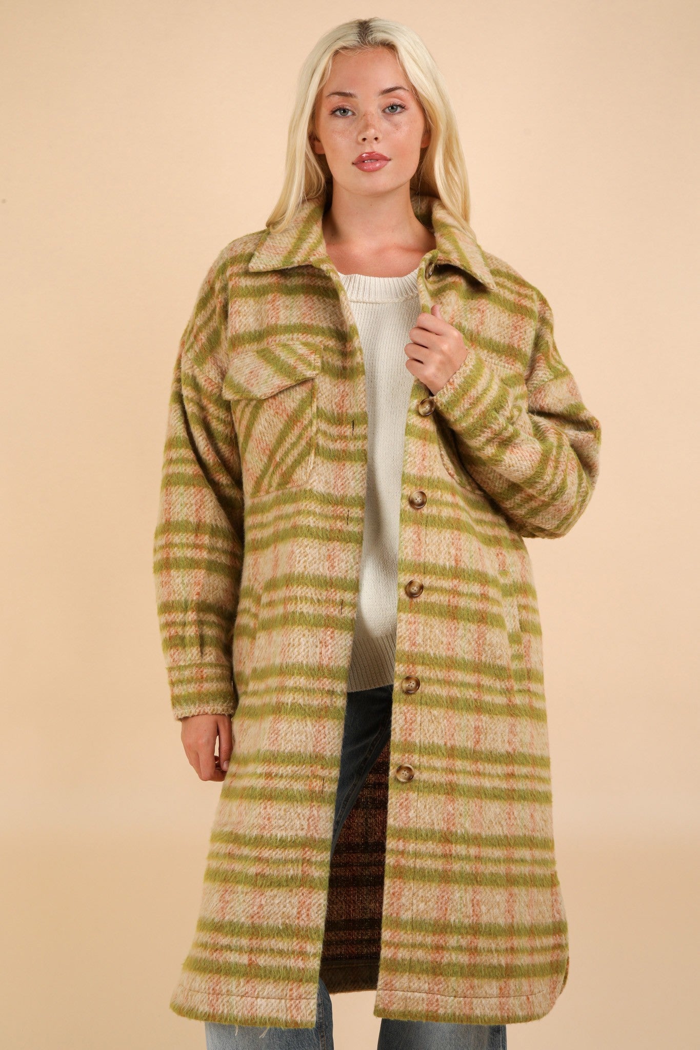 Sherri Long Shacket- Green Plaid