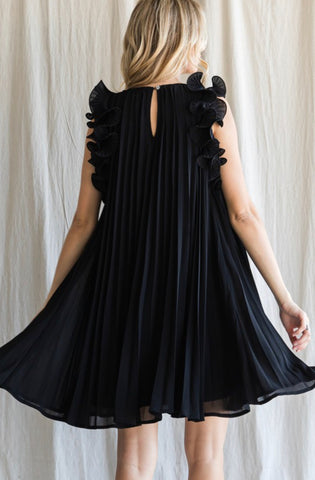 Pisces Pleated Scrunch Shoulder Dress- Black