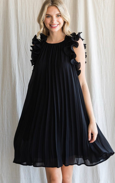 Pisces Pleated Scrunch Shoulder Dress- Black