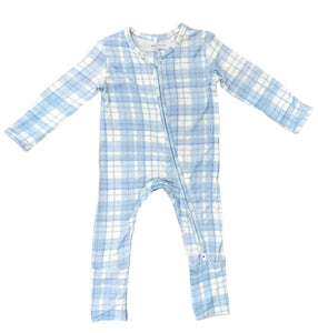 Rockin Royalty - Baby Blue Plaid Zip Footie