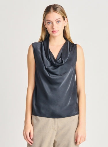 Satin Cowl Neck Top- Black