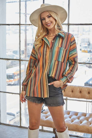 MONICA STRIPED SUEDE BUTTON DOWN SHACKET