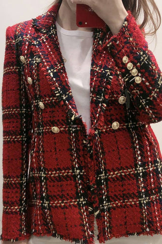 Red Plaid Button Raw Hem Suit Coat