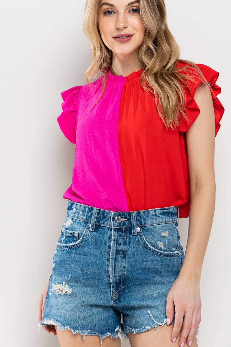 Rachel Ruffle Top- Red/Hot Pink