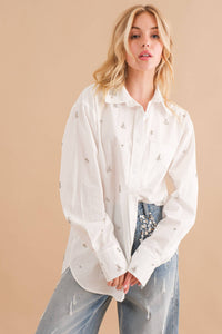 Cotton Poplin Jewel Stud Embellished Shirt Blouse: