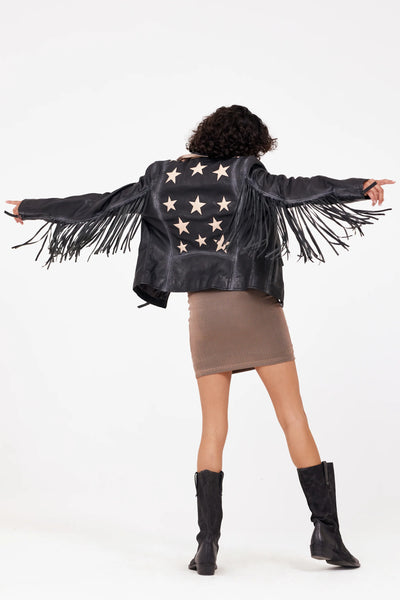 Mauritius- Crissy Star and Fringe Detail Leather Jacket- Black