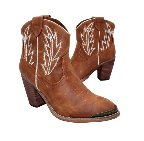 Very Volatile- Taylor Embroidered Metal Toe Bootie- Tan