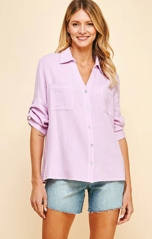 Lynn Button Up Collared Top (Lavender)