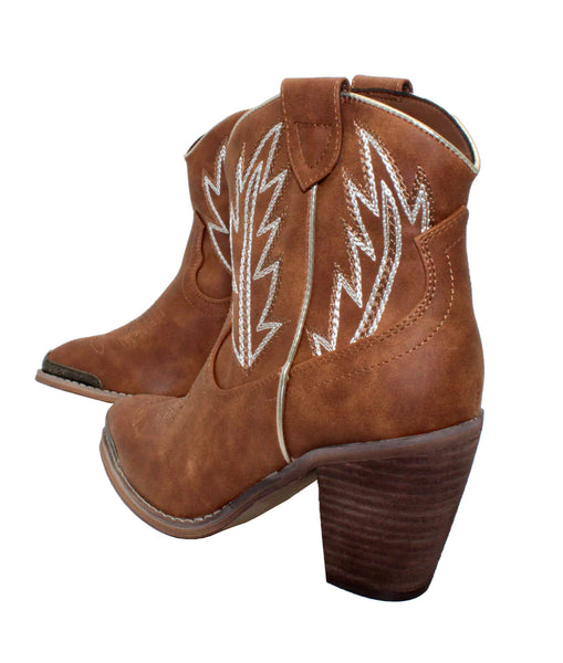 Very Volatile- Taylor Embroidered Metal Toe Bootie- Tan