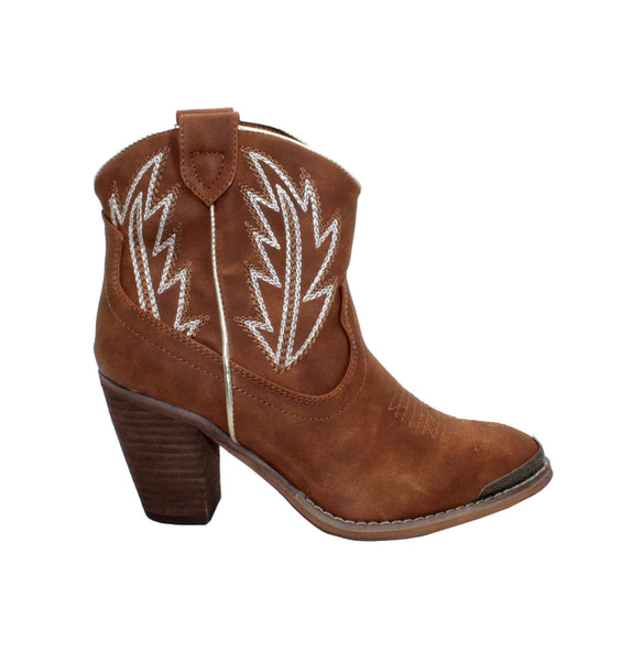 Very Volatile- Taylor Embroidered Metal Toe Bootie- Tan