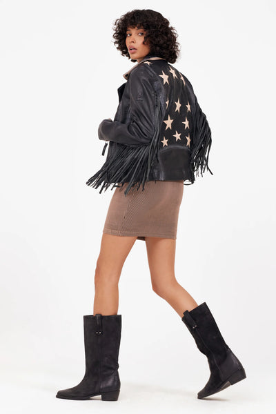 Mauritius- Crissy Star and Fringe Detail Leather Jacket- Black